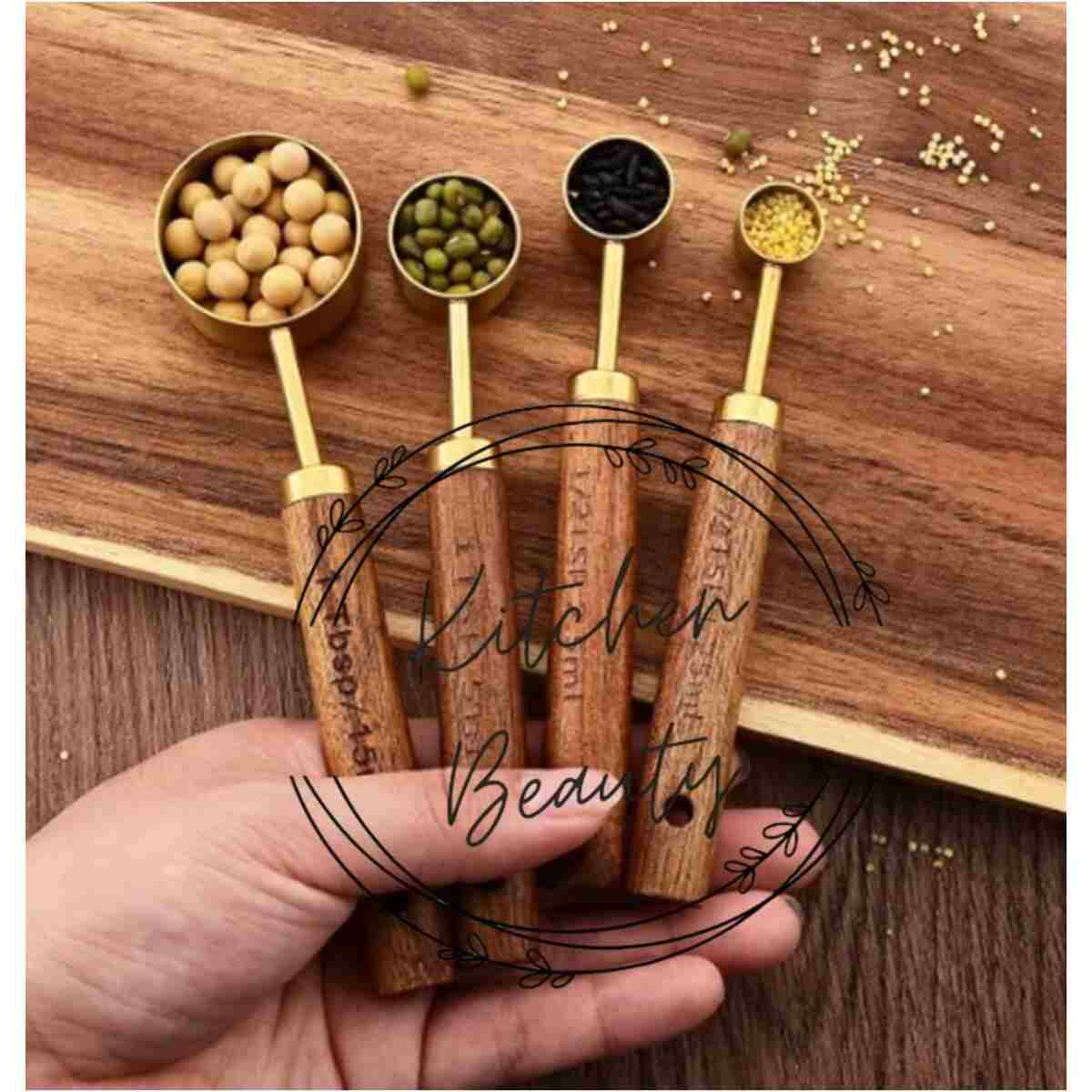 Kitchen Beauty 4 Adet Gold Paslanmaz Çelik Ahşap Saplı Ölçü Kaşığı Seti Ölçü Kabı 1.25ml 2.5ml 5ml 15ml - Görsel 2