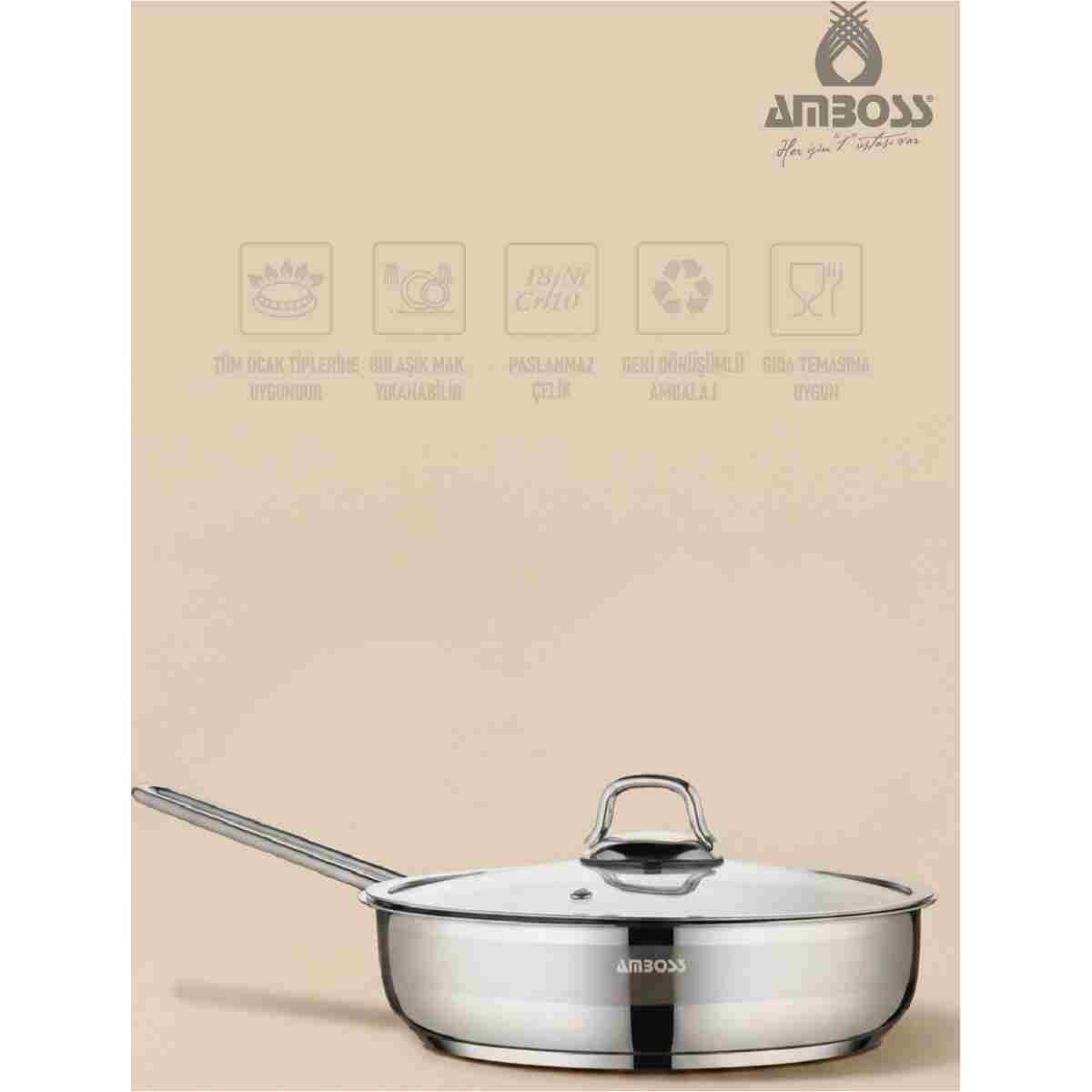 Amboss Saphire Paslanmaz Çelik 26 cm Cam Kapaklı Çelik Tava - Görsel 2