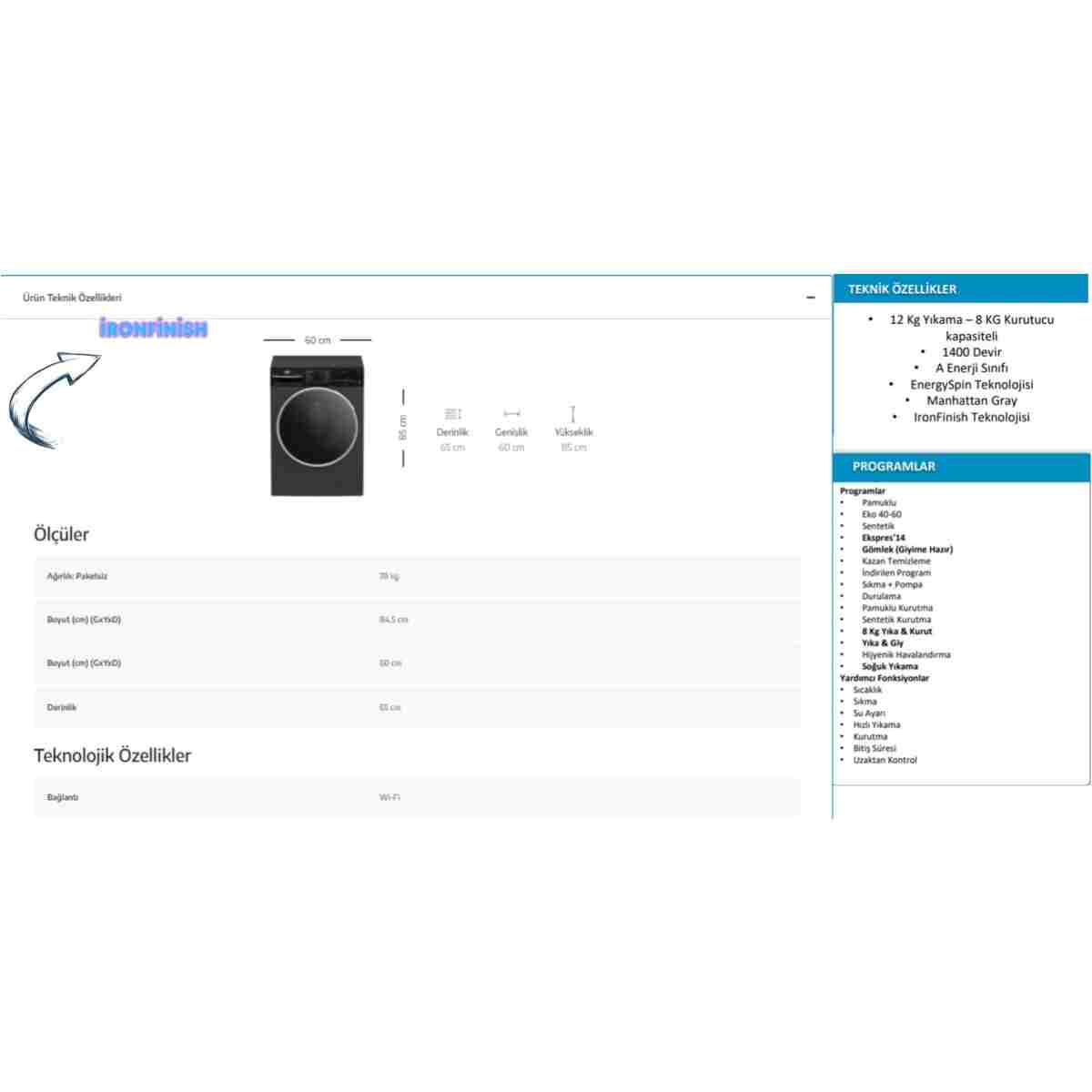 Beko CMB 1280 YKIG-12 kg Yıkama 8 kg Kurutma İRONFİNİSH 1400 Devir Kurutmalı Çamaşır Makinesi - Görsel 11