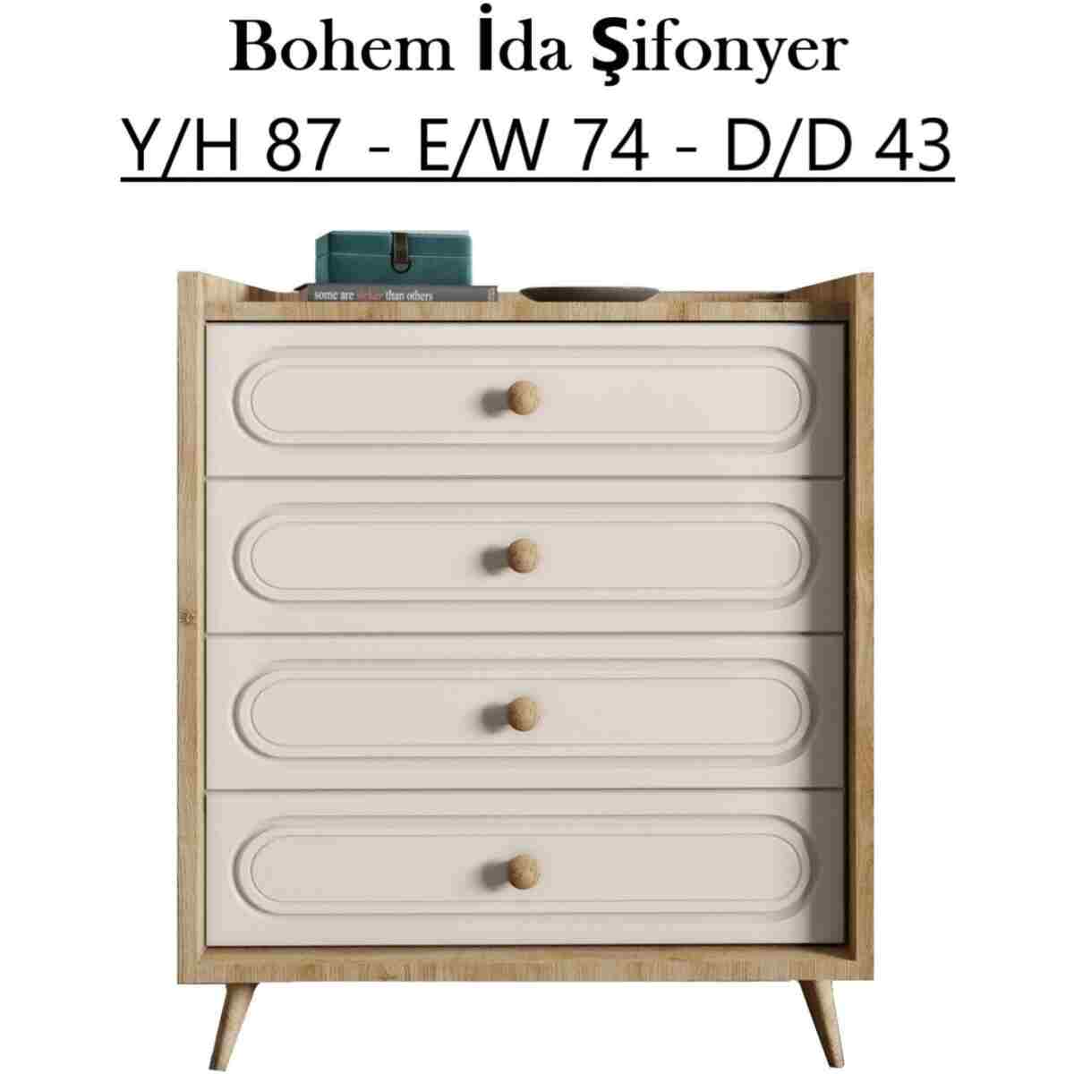FUHO İda 4 Çekmeceli Bohem Şifonyer Meşe-Vizon Bej - Görsel 3