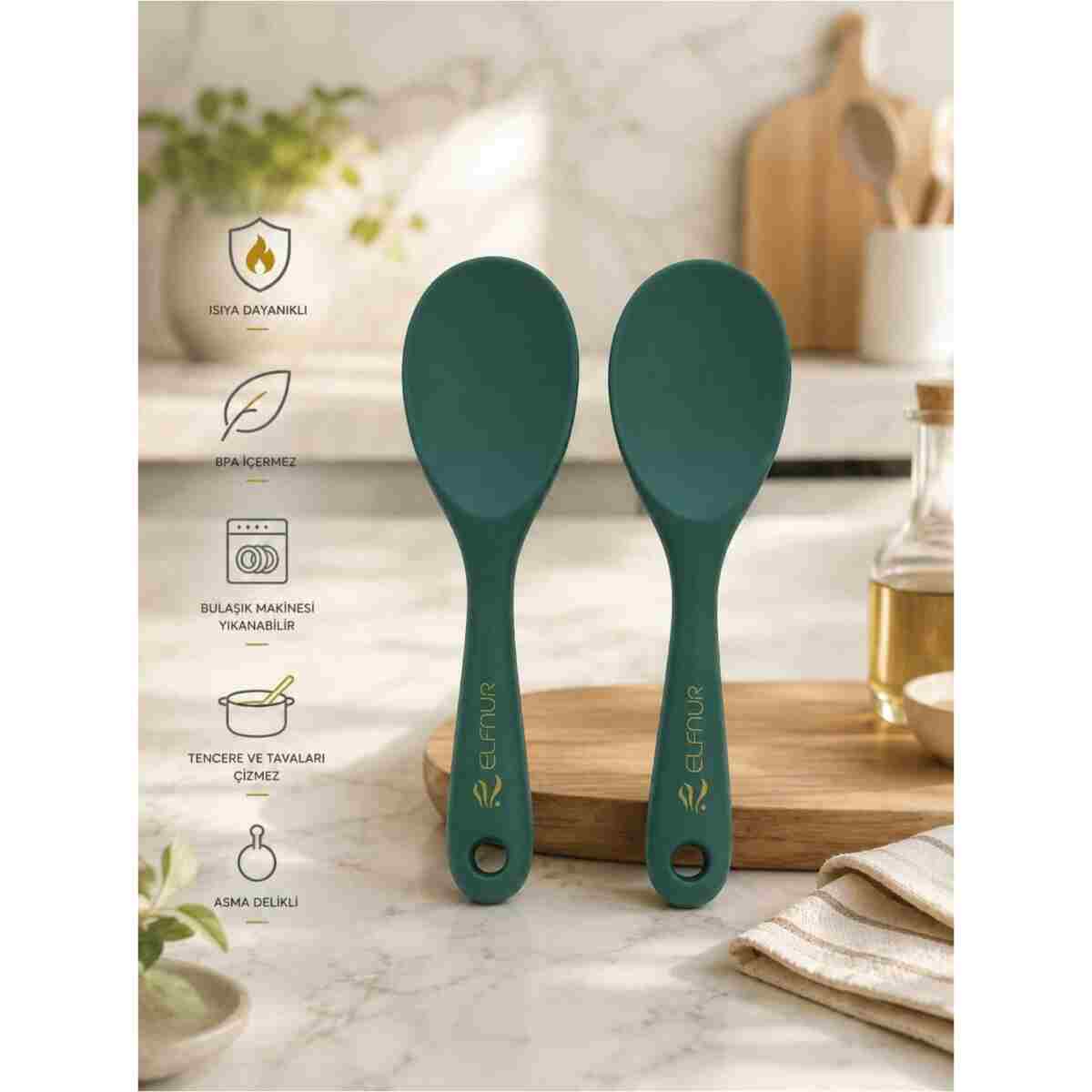 elfnur (2 Adet Ekru Ultra Sert Uçlu Silikon Pilav Kaşığı Yüksek Isıya Dayanıklı Yanmaz Yapışmaz 22 Cm - Görsel 8