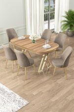 Canisa Lai Serisi 90x168 Lak Panel Hazar Gold Ayak Masa Takımı 6 Cappucino Sandalye