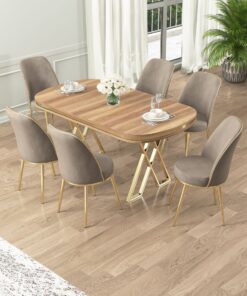 Canisa Lai Serisi 90x168 Lak Panel Hazar Gold Ayak Masa Takımı 6 Cappucino Sandalye