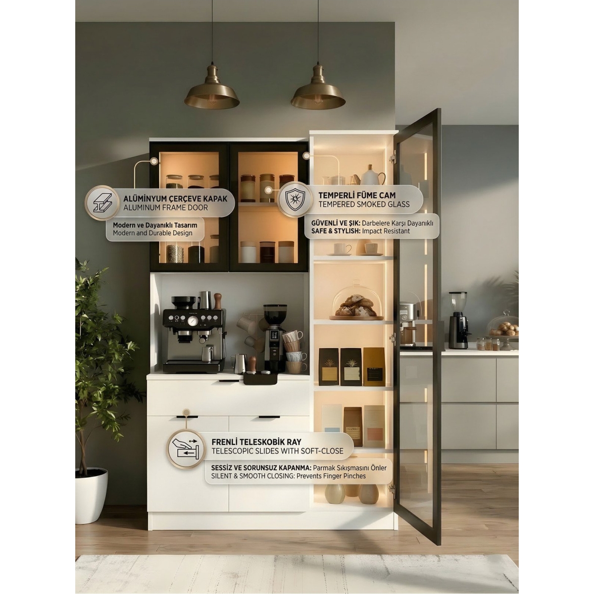 Misterium Dream Premium Kahve İstasyonu - Kahve Köşesi ve Mutfak Ünitesi - Beyaz Füme Temperli Camlı LED Modül - Görsel 4