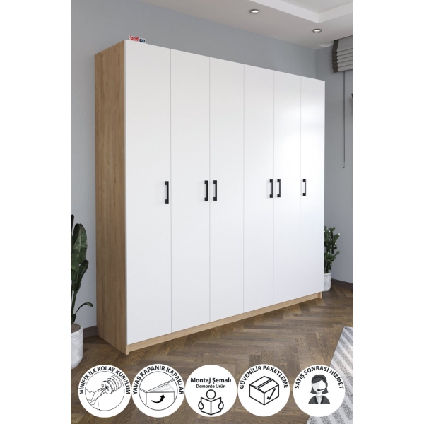 Bofigo 6 Kapaklı 16 Raflı Gardırop Elbise Dolabı 6 Kapaklı Gardırop Smyrna Safir Meşe Beyaz