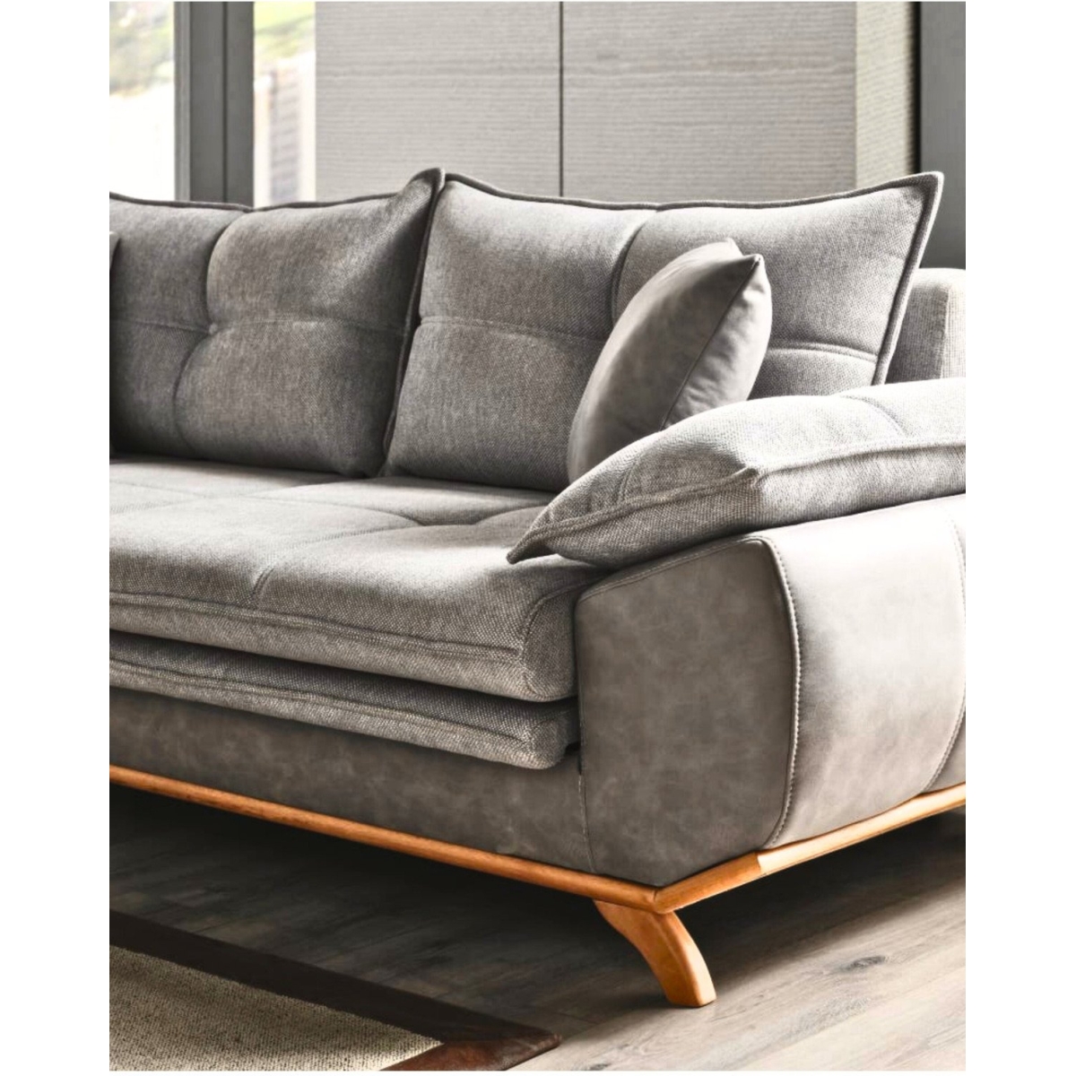 Velura Home & Living Azir Yataklı Koltuk & Bazalı Koltuk & Üçlü Kanepe (3'LÜ) - Gri Nubuk Bukle Kumaş - Görsel 4