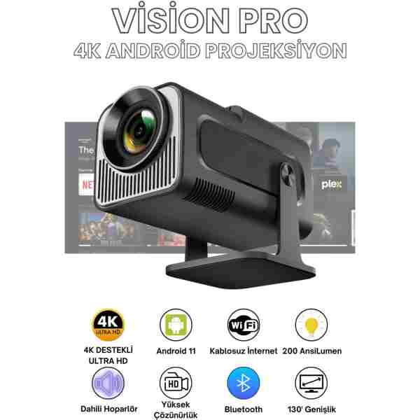 Teknodrone Vision Pro Taşınabilir Android Projeksiyon Wifi Destekli Akıllı Sinema Projektör Siyah Ultra HD