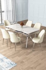 Canisa Prah Serisi 90x160 Lak Panel Beyaz Mermer Desen Krom Ayak Masa Takımı 6 Antrasit Sandalye - Görsel 7
