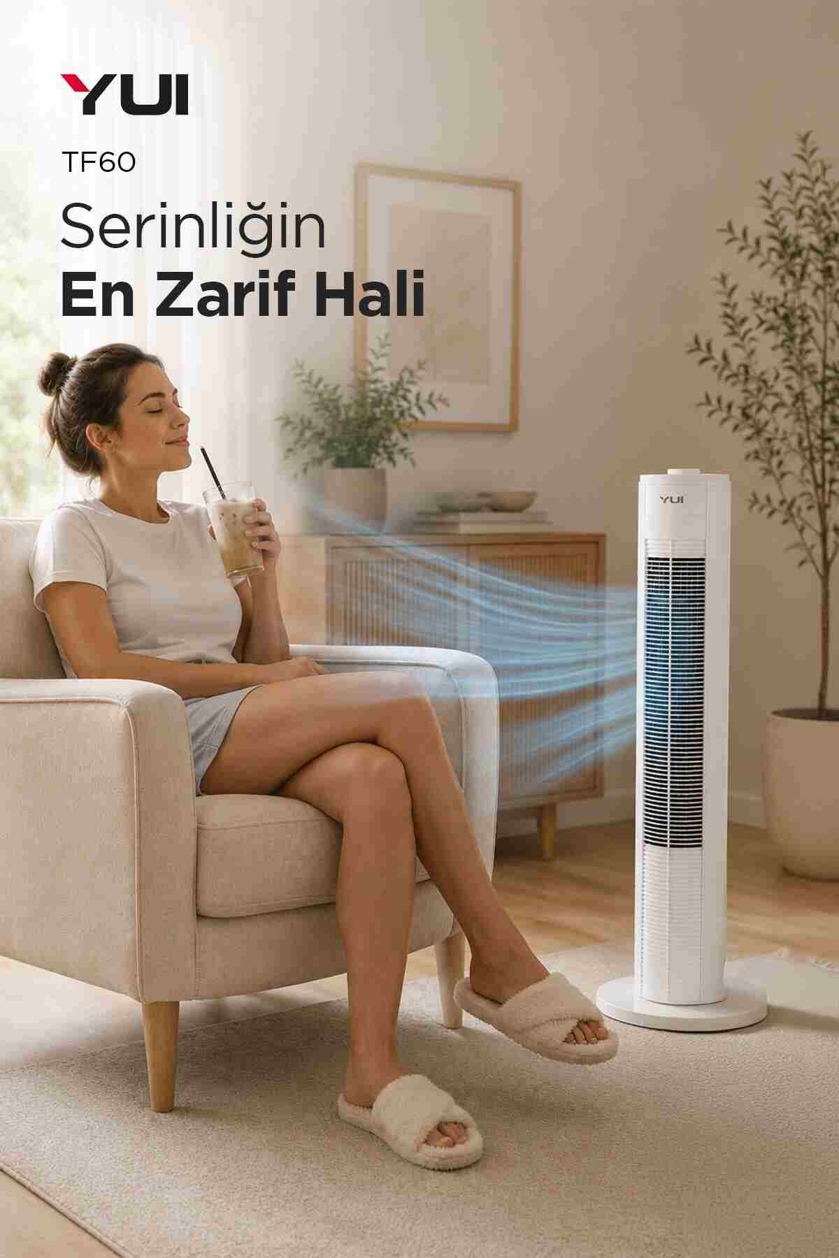 Yui TF60 60W 90 Cm 3 Hız Ayarlı Kule Tipi Vantilatör Fan - Beyaz - Görsel 6