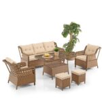 Evdemo Deniz Rattan Puflu Bahçe Balkon Takımı 3+1+1 Kahve