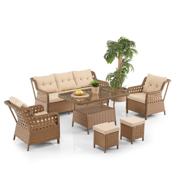 Evdemo Deniz Rattan Puflu Bahçe Balkon Takımı 3+1+1 Kahve