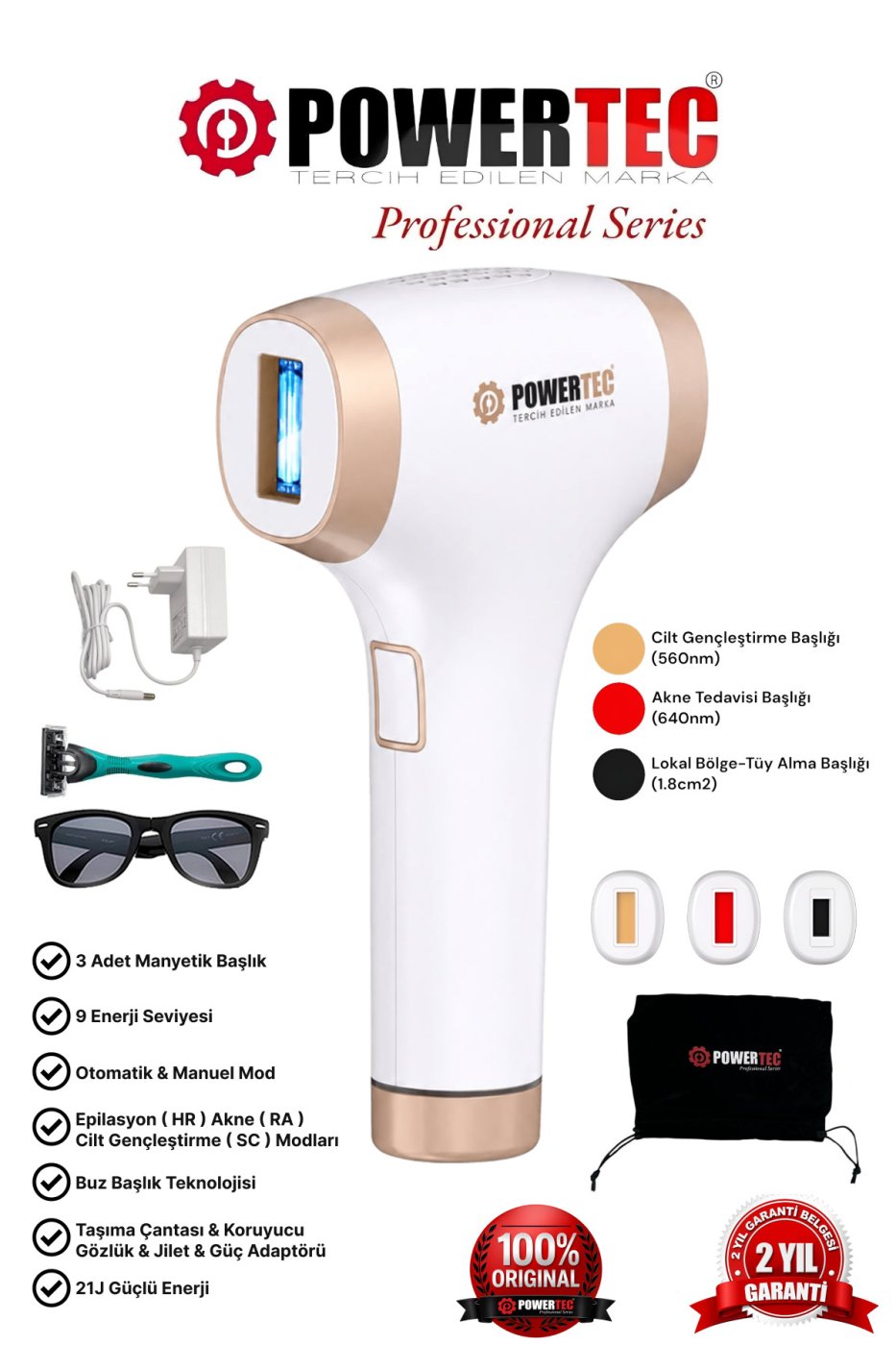 POWERTEC TR-9999 IPL Lazer Epilasyon 999.999 Atım Otomatik/Manuel 9 Modlu | Buz Başlıklı & Çanta Hediyeli