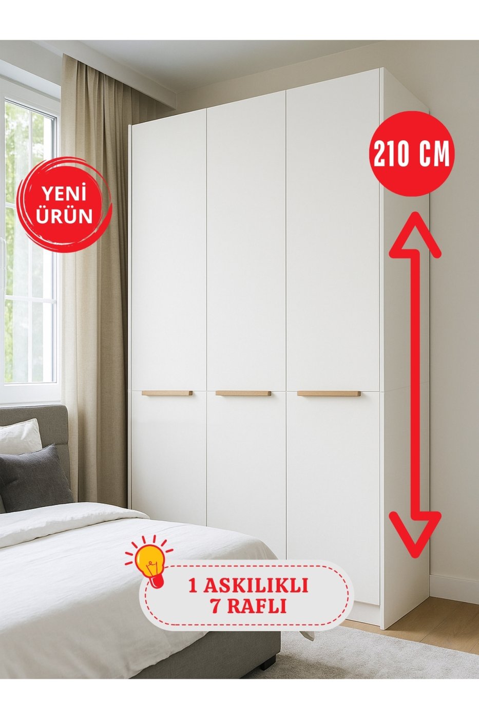 c89d56751587dd8ee28bcc7fd13d6ce6 dorpek 6 Raflı 3 Kapaklı Gardırop - 210 cm Y, 125 cm G - Genç Odası ve Yatak Odası Gardırop | Cosmos - Görsel 1
