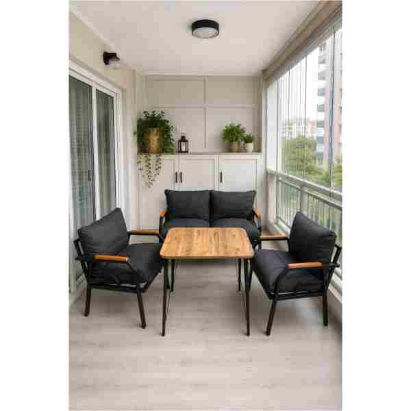 Dekoport Kutay Balkon Takımı, Bahçe Takımı, Çay Seti Koltuk Takımı, Metal Kanepe 2-1-1 50x80 Masalı Antrasit