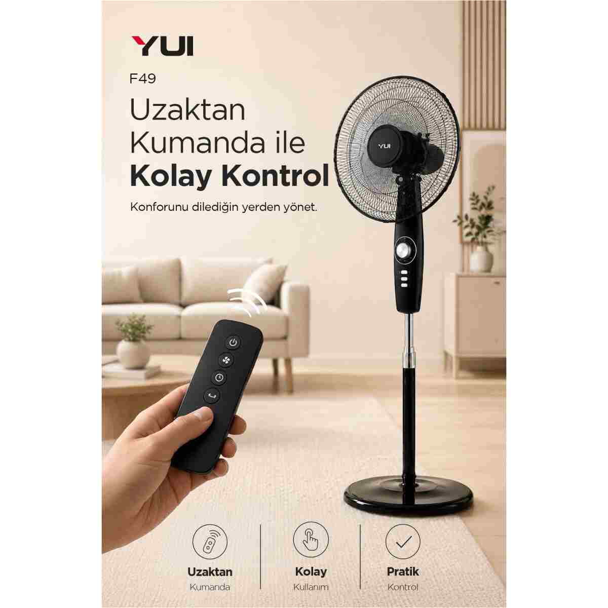 Yui F49 Siyah 16 Inç 50W 4 Kademe 5 Pervane Döner Başlıklı Vantilatör - Görsel 10