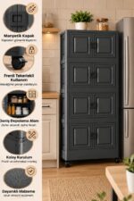 Solto Home 4 Katlı Çok Amaçlı Dolap Katlanır Tekerlekli Mıknatıslı Kapaklı Portatif Organizer