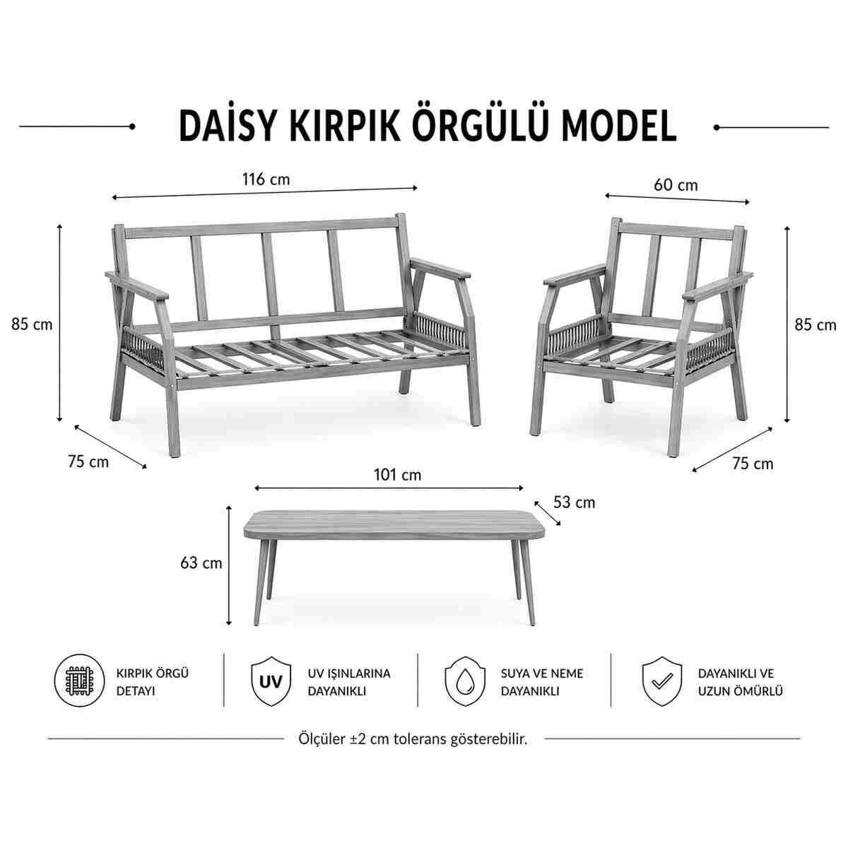 UFUK HOME Daisy Cappuccino Bej Makrome Örgülü 2+1+1 Masalı Bej Bahçe & Balkon Takımı - Görsel 3