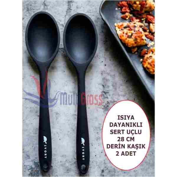 Multiamo İvory Sert Uçlu Isıya Dayanıklı Yanmaz Yapışmaz Silikon 28 Cm Kaşık Seti 2 Adet