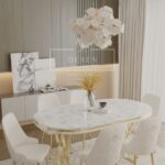 DEREN HOME Fe Serisi Lak Panel Mdf Beyaz Silinebilir Kumaş Gold Ayak Masa Takımı 6 Adet Krem Sandalye