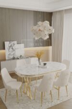 DEREN HOME Fe Serisi Lak Panel Mdf Beyaz Silinebilir Kumaş Gold Ayak Masa Takımı 6 Adet Krem Sandalye
