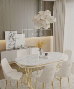 DEREN HOME Fe Serisi Lak Panel Mdf Beyaz Silinebilir Kumaş Gold Ayak Masa Takımı 6 Adet Krem Sandalye
