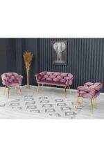 Rozexi Balon Çay Seti Takımı Koltuk Takımı Oturma Odası Kafe Antre Hol Ofis 2+1+1 Gold Metal - Görsel 8