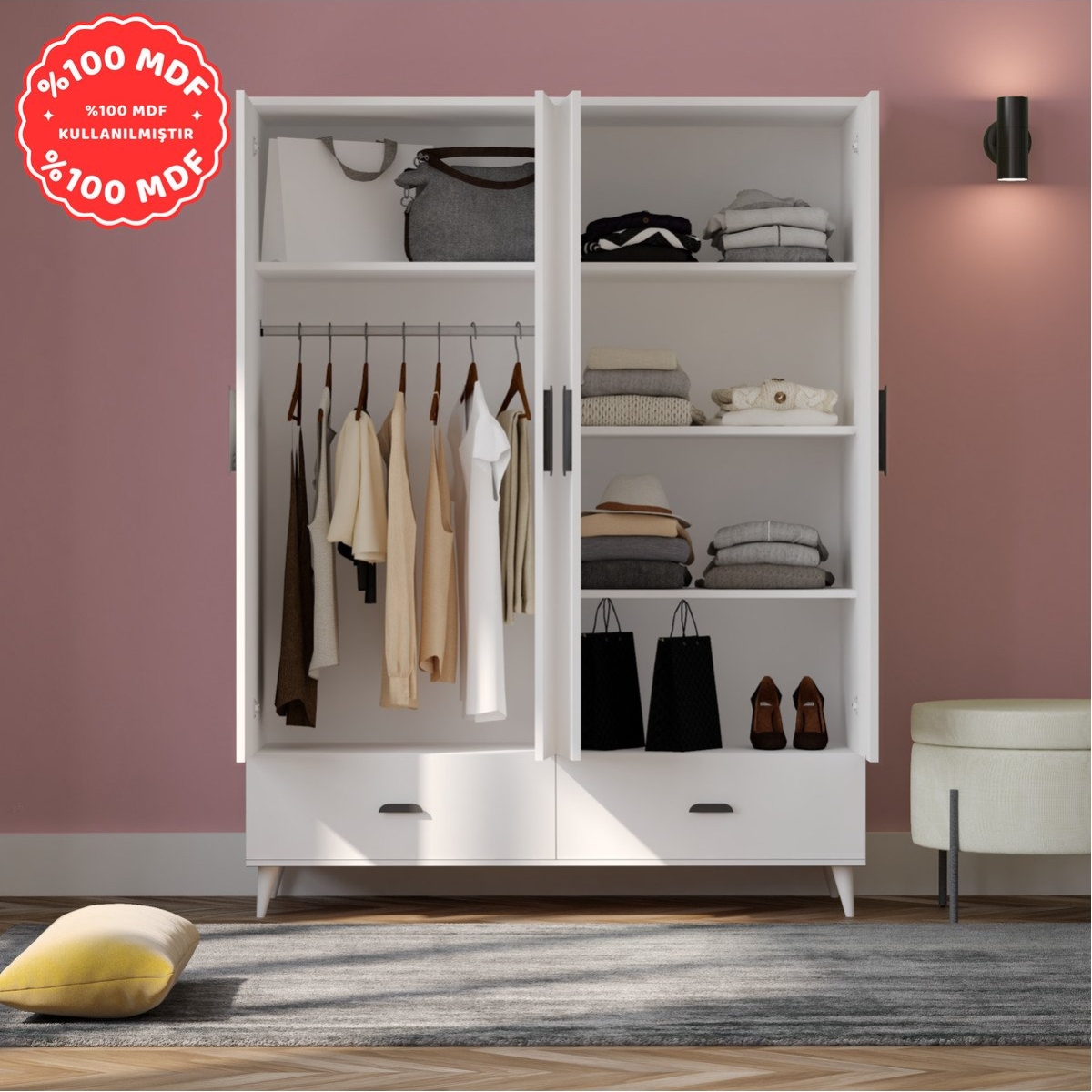 İMBAŞ İnci 4 Kapaklı 2 Çekmeceli Gardırop Beyaz %100 MDF - Görsel 3