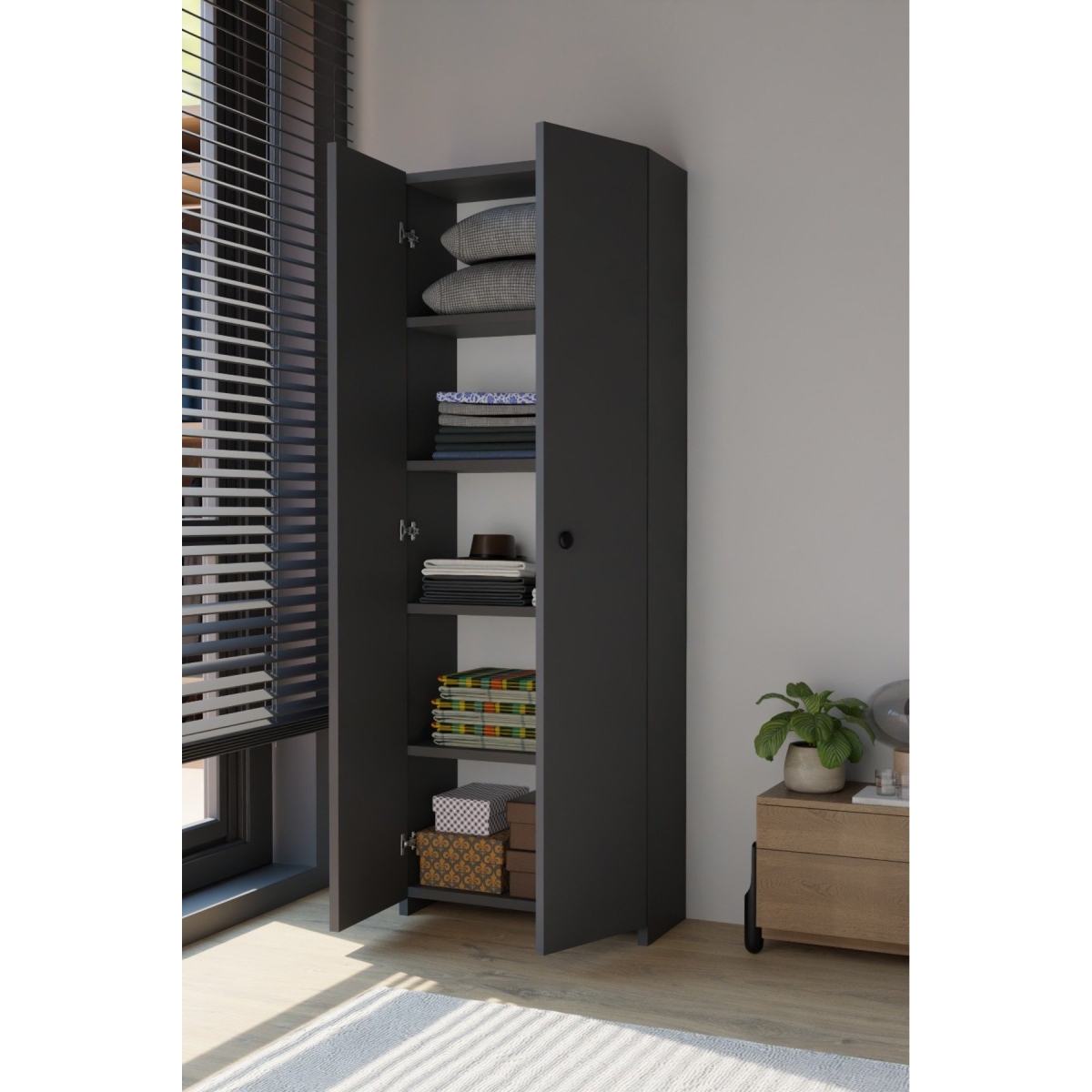 alpaevmobilya 150 Cm 2 Kapaklı 5 Raflı Geniş Çok Amaçlı Yatak Odası Kıyafet Dolabı Düzenleyici Ve Organizer - Görsel 3