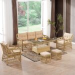 Evdemo Edra Rattan Puflu Bahçe Balkon Takımı 3+1+1+Camlı Masa Cappuccino