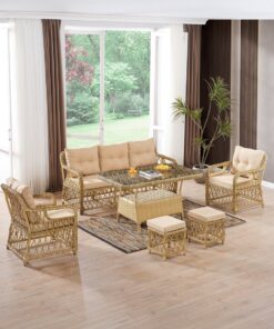 Evdemo Edra Rattan Puflu Bahçe Balkon Takımı 3+1+1+Camlı Masa Cappuccino