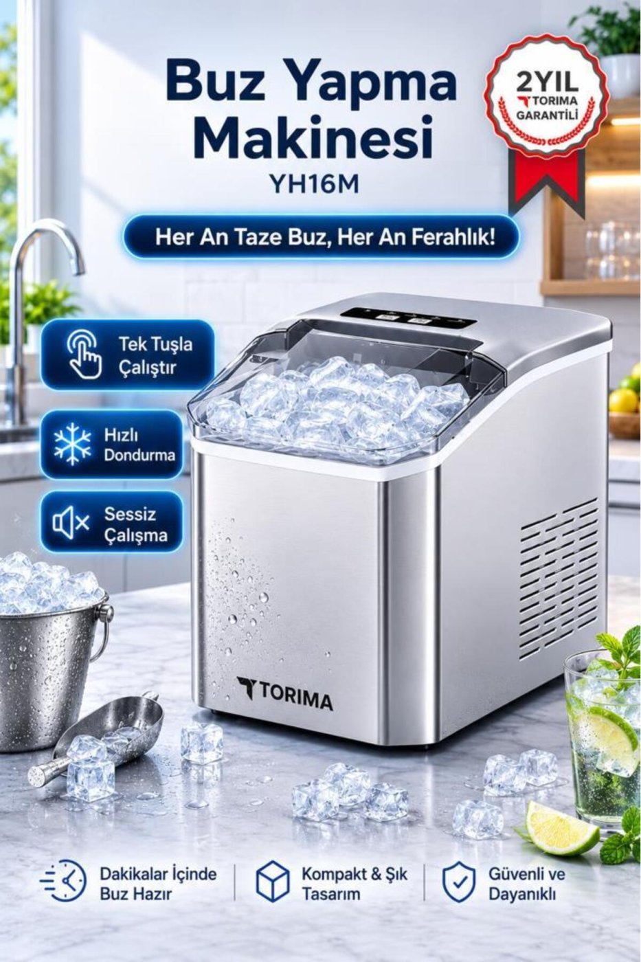 Torima Portatif Taşınabilir Hızlı Buz Yapma Makinesi YH16 Gri