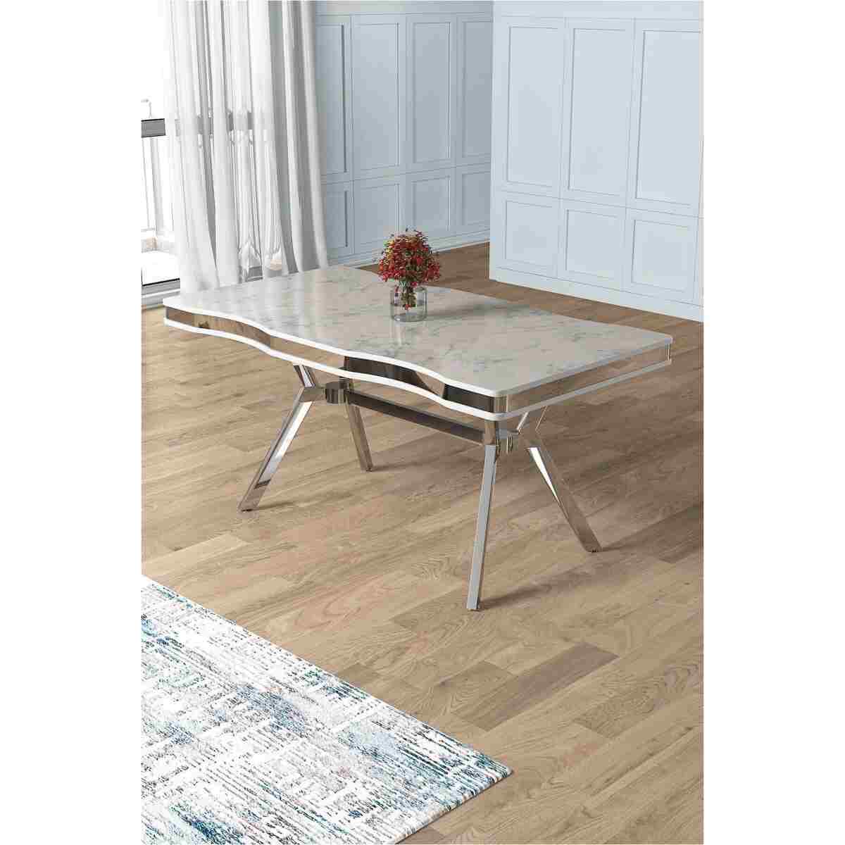 Canisa Prah Serisi 90x160 Lak Panel Beyaz Mermer Desen Krom Ayak Masa Takımı 6 Siyah Sandalye - Görsel 3