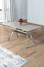 Canisa Prah Serisi 90x160 Lak Panel Beyaz Mermer Desen Krom Ayak Masa Takımı 6 Siyah Sandalye - Görsel 3