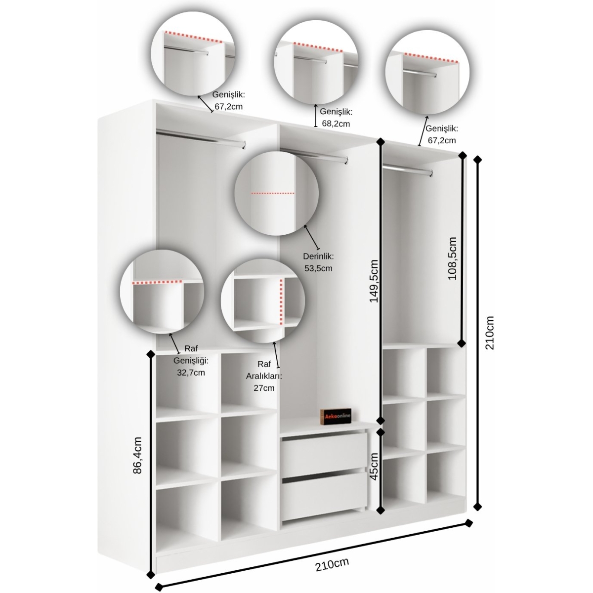 AEKA AE-2191 Hisar Beyaz/Beyaz Aynalı 6 Kapaklı Çok Bölmeli Askılı ve Raflı Geniş Hacimli Gardırop 210x210 cm - Görsel 3