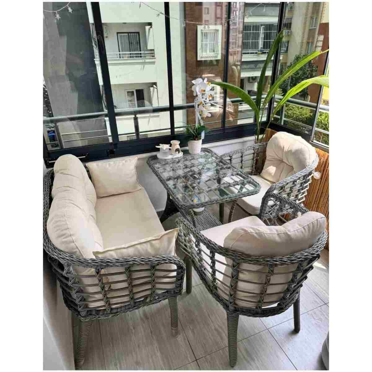 Tu Tienda KARTEPE ALÜMİNYUM 2 1 1 RATTAN BAHÇE BALKON TAKIMI,GRİ RATTAN/KREM KUMAŞ - Görsel 7