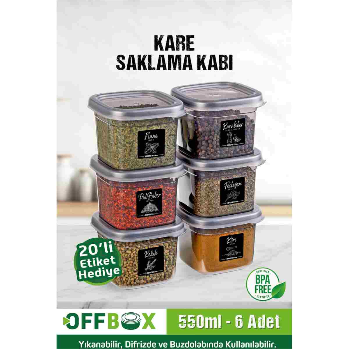 OFFBOX 6 Adet 12 Parça 0,55 Litre Kare Erzak Saklama Kabı Baharatlık Seti 20 Etiket Hediyeli - Görsel 2