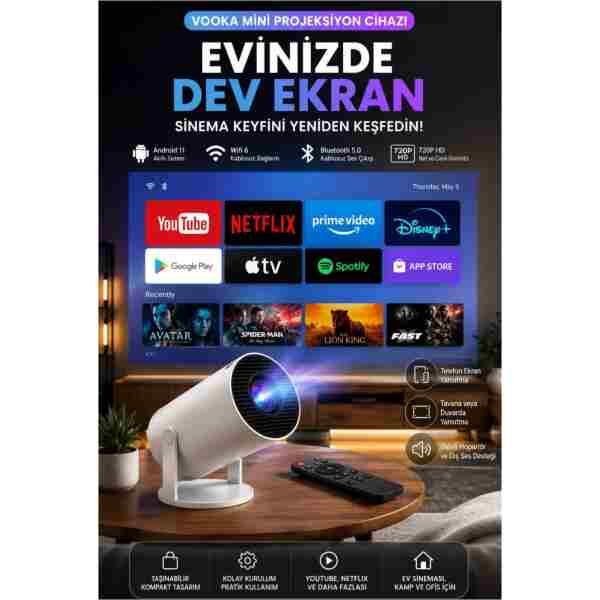 VOOKA Taşınabilir Mini Projeksiyon Cihazı Android 11 Wifi Bluetooth Akıllı Ev Sineması Projektör