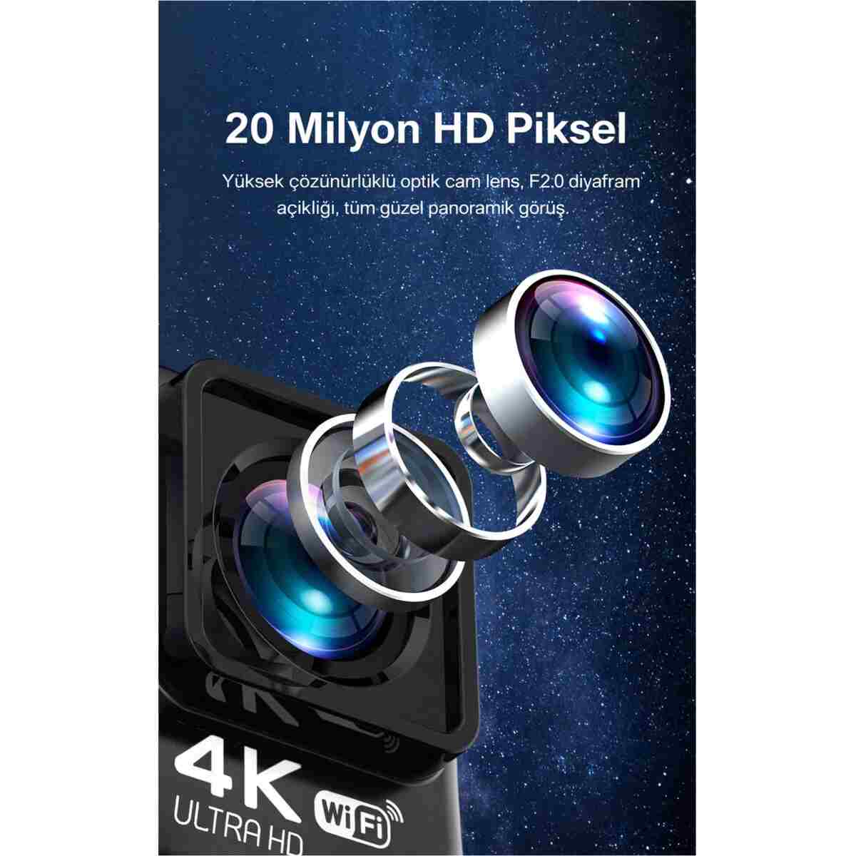 TARÇIN 4K Ultra HD WiFi Aksiyon Kamera | 20MP | 20 Parça Aksesuar | 170° Geniş Açı | Su Geçirmez Kılıf - Görsel 3