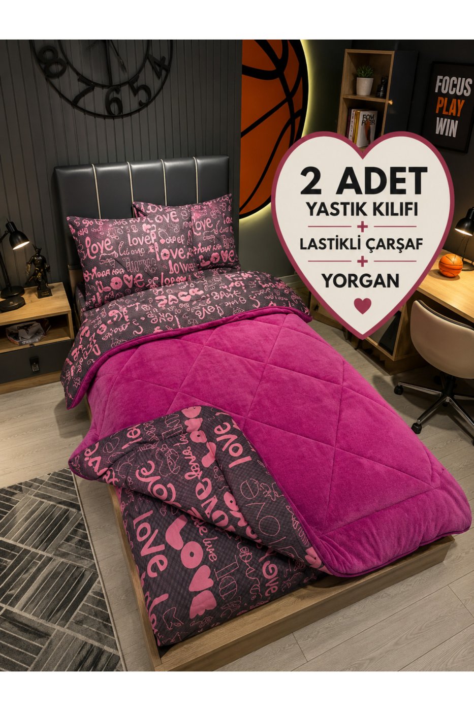 ce1a094e2a189345ef782f0c0b448bbf Violacasa Tek Kişilik Welsoft Pufidik Uyku Seti (Lastikli Çarşaflı) Mürdüm Love - Görsel 1