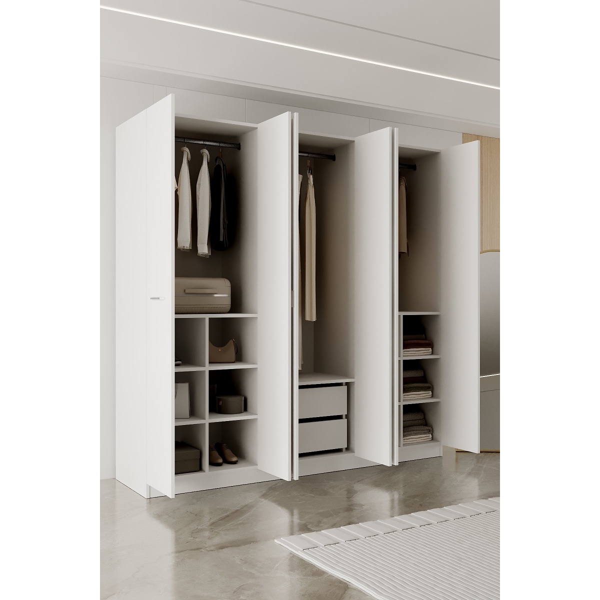 AEKA AE-2191 Hisar Beyaz/Beyaz Aynalı 6 Kapaklı Çok Bölmeli Askılı ve Raflı Geniş Hacimli Gardırop 210x210 cm - Görsel 6
