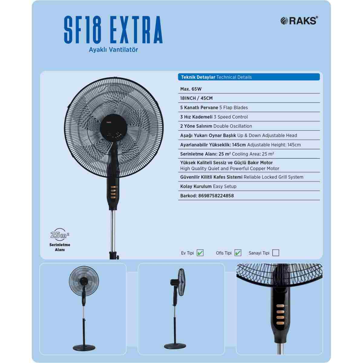 Raks SF 18 EXTRA 65 WATT 18İNÇ/45CM. Ayaklı Vantilatör 5 PERVANELİ 7 YIL GARANTİLİ - Görsel 7