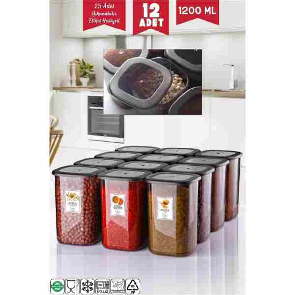 Nandy Home Etiketli 12 Adet 1200 Ml Ekonomik Kırılmaz Antrasit Saklama Kabı