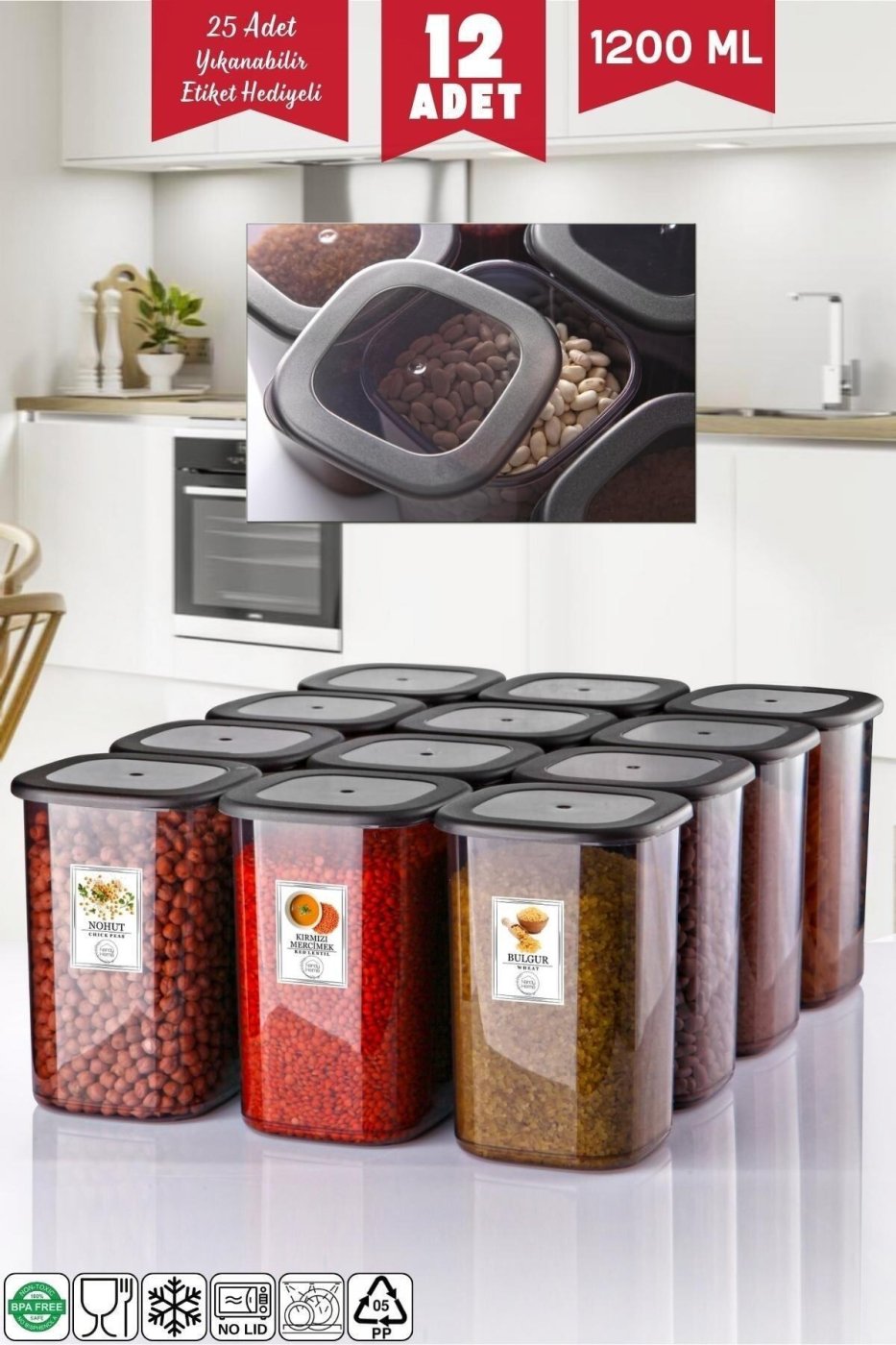 cf712c85967ccb08fa3d4c4b34f902e2 Nandy Home Etiketli 12 Adet 1200 Ml Ekonomik Kırılmaz Antrasit Saklama Kabı - Görsel 1
