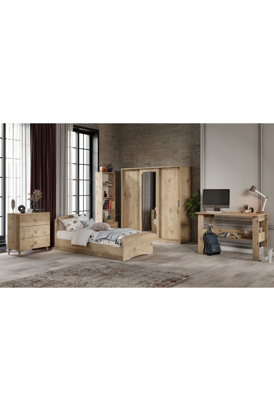cfbd38030d370f0c2544bc8b66b0c2d2 WENCE Samira Modern Genç Odası Takımı Meşe - 5 Parçalı Ve Tamamı 1. Kalite Mdf - Görsel 1