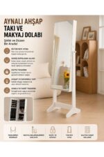 Myplas Modern Tasarımlı Aynalı Kitlenebilir Ahşap Takı ve Makyaj Dolabı Ayaklı Boy Aynası Beyaz 160x37 - Görsel 2
