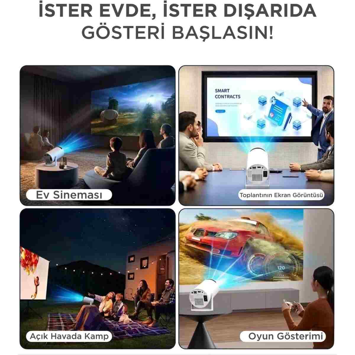 Torima Taşınabilir Projektör Ev Sineması Android 11 Bluetooth Akıllı Projeksiyon HY300 PRO Beyaz - Görsel 3