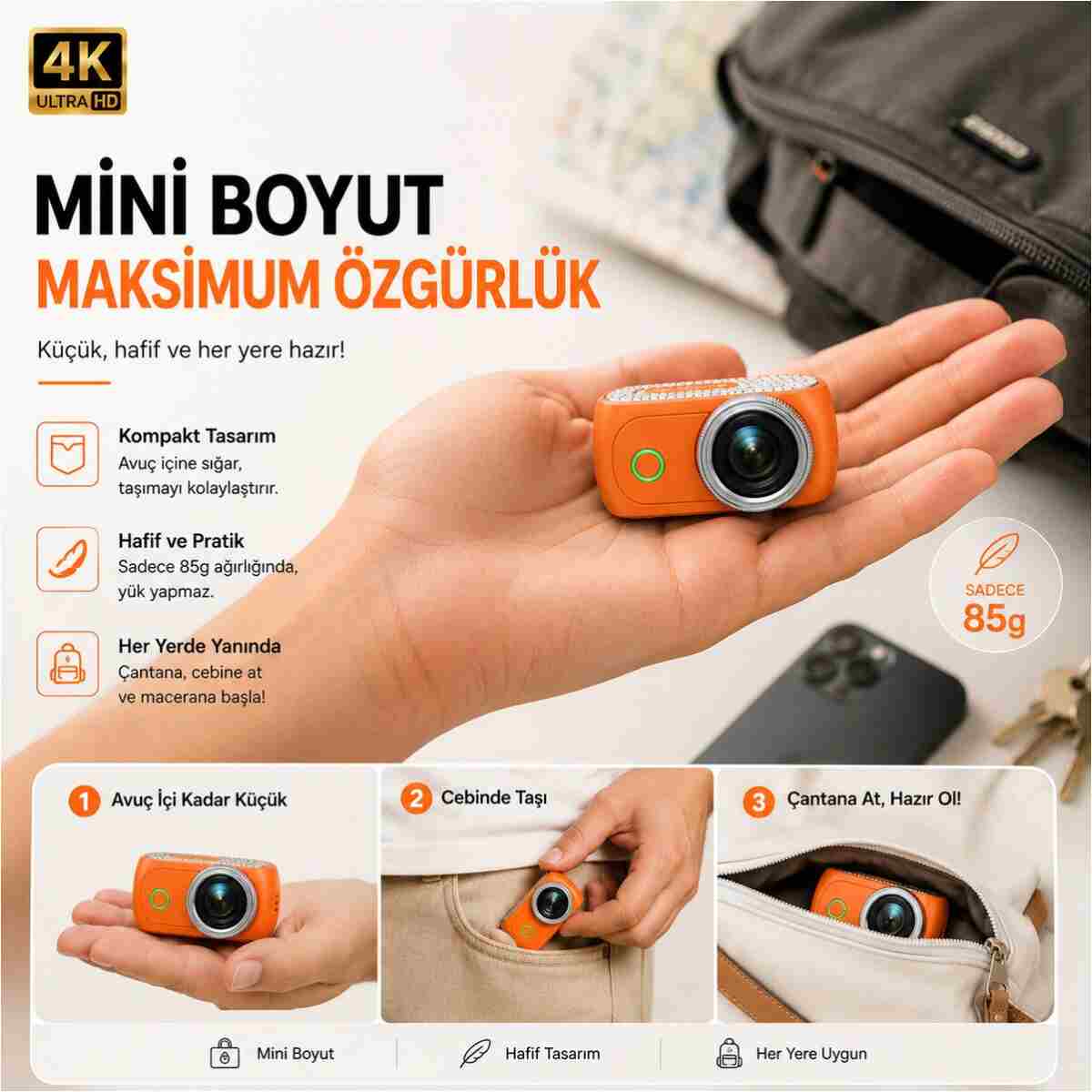 TARÇIN Viora 4K Aksiyon Kamerası Mini 180° Döner Ekran WiFi App Geniş Açı Taşınabilir Vlog Kamera - Görsel 4