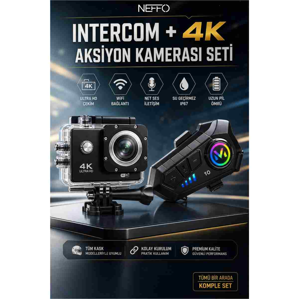 NEFFO Motorcu Seti 4K Aksiyon Kamerası + Intercom V10 – Motorcu interkom Sürüş İletişim Ve Çekim Seti - Görsel 2