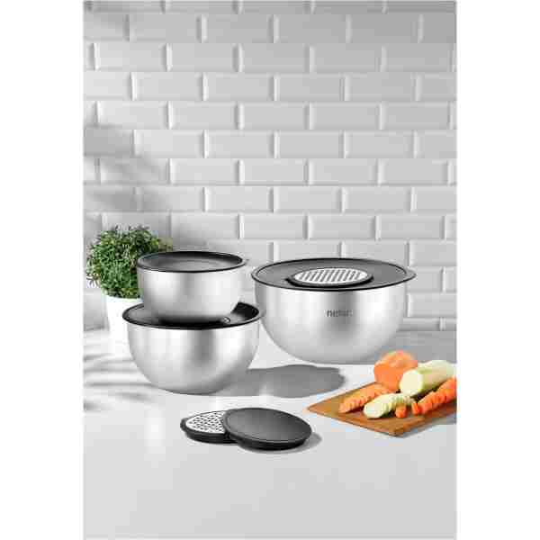 Nehir Silver Çelik Saten 9 Parça Rendeli Karıştırma Kabı Takımı