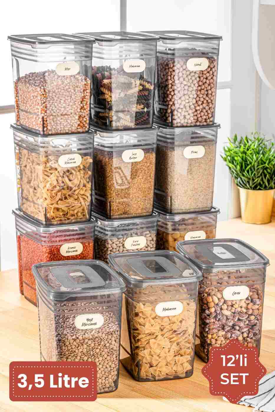 d300bf3e0b0f31473f4e0858b96e5d44 Vienev Etiketli 12li Set Strip Mega Boy Erzak Saklama Kabı 3,5 Litre Antrasit - Görsel 1